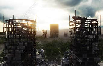 Apocalypse city in fog. Aerial View of the destroyed city. Apocalypse concept. 3d rendering.