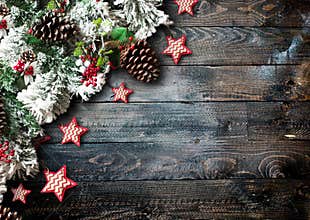 Merry Christmas Frame with green pine, colorful baubles and stars