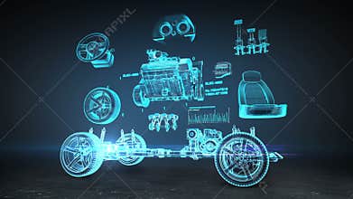 Disassembled car, engine, safety seat, Instrument panel, navigation, Accelerator, car audio system, tires, x-ray image.