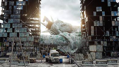 Apocalypse of USA, America. view destroyed New York city, Statue of liberty. Apocalypse concept. 3d rendering.