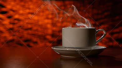 Cup on a white saucer of hot coffee on the aroma spreads room