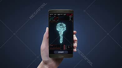 Touching mobile security application on smart phone screen, shape of key, circuit board light line, security, Find solution