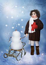 Little girl and snowman