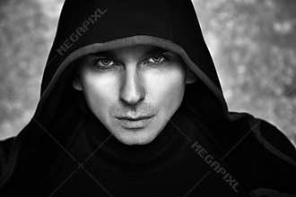 Mysterious Man in Black Hoodie. Fantasy Guy.
