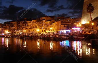 Calvi at night, the promenade and the pier, Corsica