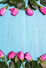 Vintage aqua blue wood background with pink rose buds.