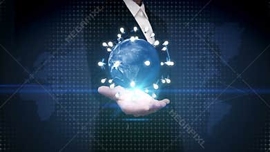 Businesswoman open palm, Rotating earth, connect idea bulb icon.communication technology, network world map.