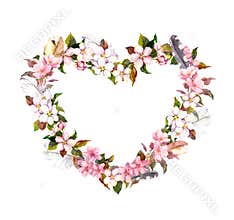 Floral wreath - heart shape. Pink flowers and feathers. Watercolor for Valentine day, wedding in vintage boho style