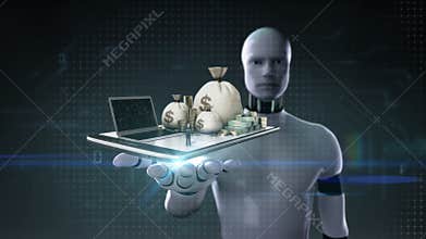 Robot cyborg open palm, Online banking, loan, debt with cash, money, bills on mobile.tablet.