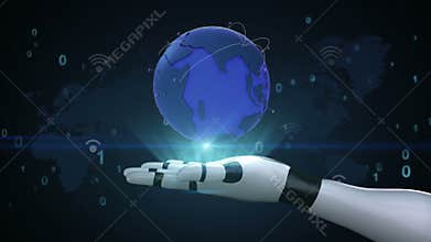 Growing Global Network with wi-fi communication, world map,earth on robot cyborg palm, hand, robot arm