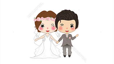 Couple Wedding. Cute Woman in Bride Dress and Man in Groom Tuxedo. on a White Screen