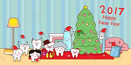 Cartoon tooth family celebrate Christmas