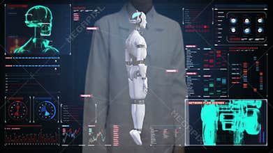Female doctor touching digital screen, Scanning transparency robot cyborg body in digital interface. artificial intelligence.