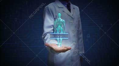 Doctor open palm, Scanning rotating 3D robot body. Artificial intelligence.robot technology.