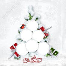 Greeting Christmas card with snowy tree and frames for family