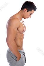 Muscular young man looking down abs bodybuilder bodybuilding mus