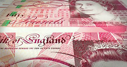 Banknotes of fifty sterling pounds rolling on screen, cash money, loop