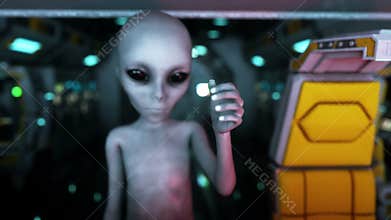 Alien in space ship. hand reaching out with Earth planet. UFO futuristic concept. Cinematic 4k animation.