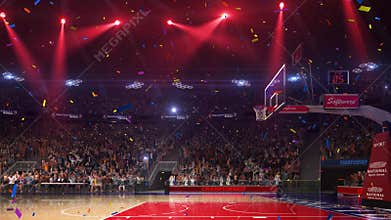 Basketball court with people fan. Sport arena. Ready to start championship. 3d render. Moving lights Confetti and tinsel