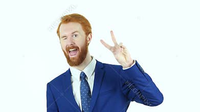 Victory Sign by Red Hair Beard Businessman, White Background