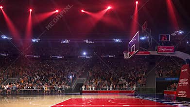Basketball court with people fan. Sport arena. Ready to start championship. 3d render. Moving lights