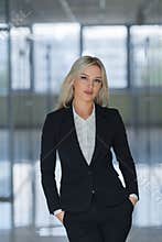 Serious young businesswoman with hands in pockets looking at camera