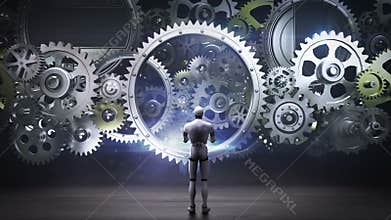 Robot, cyborg standing big Gear wheels, connecting gear wheels.artificial intelligence, computer technology.
