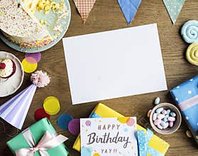 Birthday Celebration with Cake Presents Card Copy Space