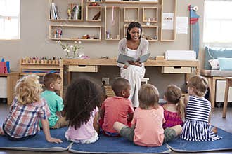 Teacher At Montessori School Reading To Children At Story Time