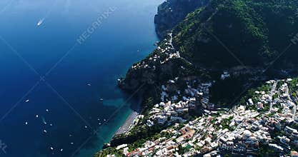 Beautiful flight over Positano at Amalfi Coast in Italy