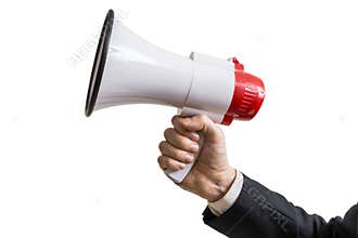 Announcement concept. Hand holds megaphone. Isolated on white background