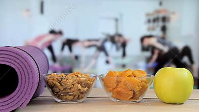 Healthy food with yoga, Pilates,Yoga class