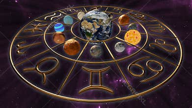 Rotating mystic golden zodiac horoscope symbol with twelve planets in cosmic scene. 4K