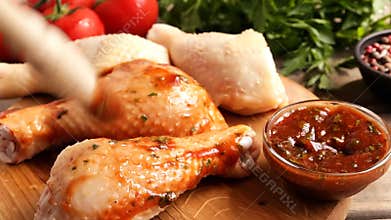Chicken leg marinated with sauce red put on skin