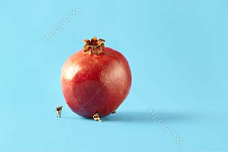 Microworld two women scale model train figures under the pomegranate on blue background. Cartoon style, food photography.