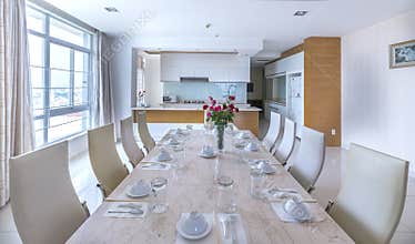 Modern dining room, kitchen in luxury apartments
