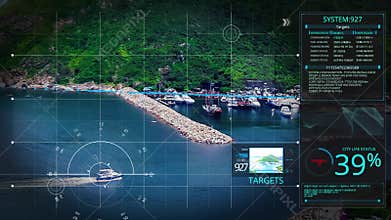 Animation digital security drone, camera or hologram scanning technology lock on island seaside city to prevent terrorist