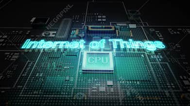 Hologram typo `INTERNET OF THINGS` on CPU chip circuit, grow artificial intelligence technology.
