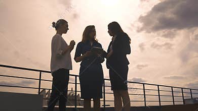 Silhouettes of a group of businessmen women against the sky and clouds. Girls in business clothes at a meeting.