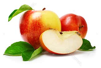 Red apple fruits with cut and green leaves