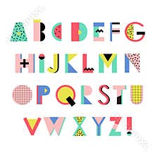 Artistic Alphabet in trendy Memphis geometric style. Creative font.