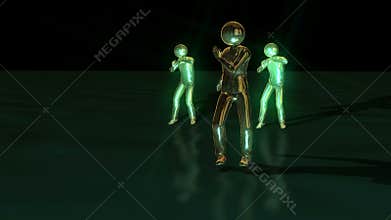 dancing puppets on the wet black floor