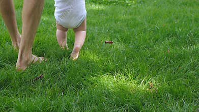 Father helps baby learning to walk