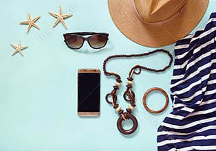 Summer women`s beach modern lifestyle trendy clothing accessories for sea travel vacation: hat, bracelets, sunglasses