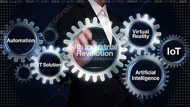 Businesswoman touch Gear with keyword,Automation, IT Solution,Virtual reality, '4th Industrial Revolution'