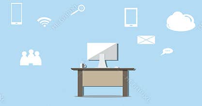 Internet Network Connection visualization, WIFI and Social Media Communication with office or home PC with lines of technology on