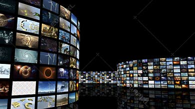 Animated unrolling cinema video wall. Loop-able. 3D rendering 4K