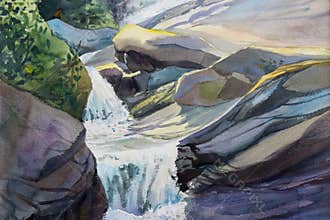 Watercolor landscape original painting colorful of waterfall.