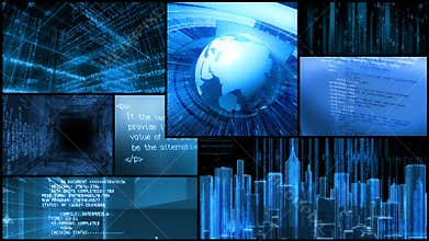 Technology montage - computer data screen display animation