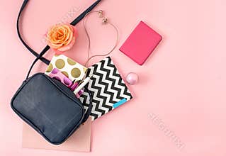 The top view of open woman bag
